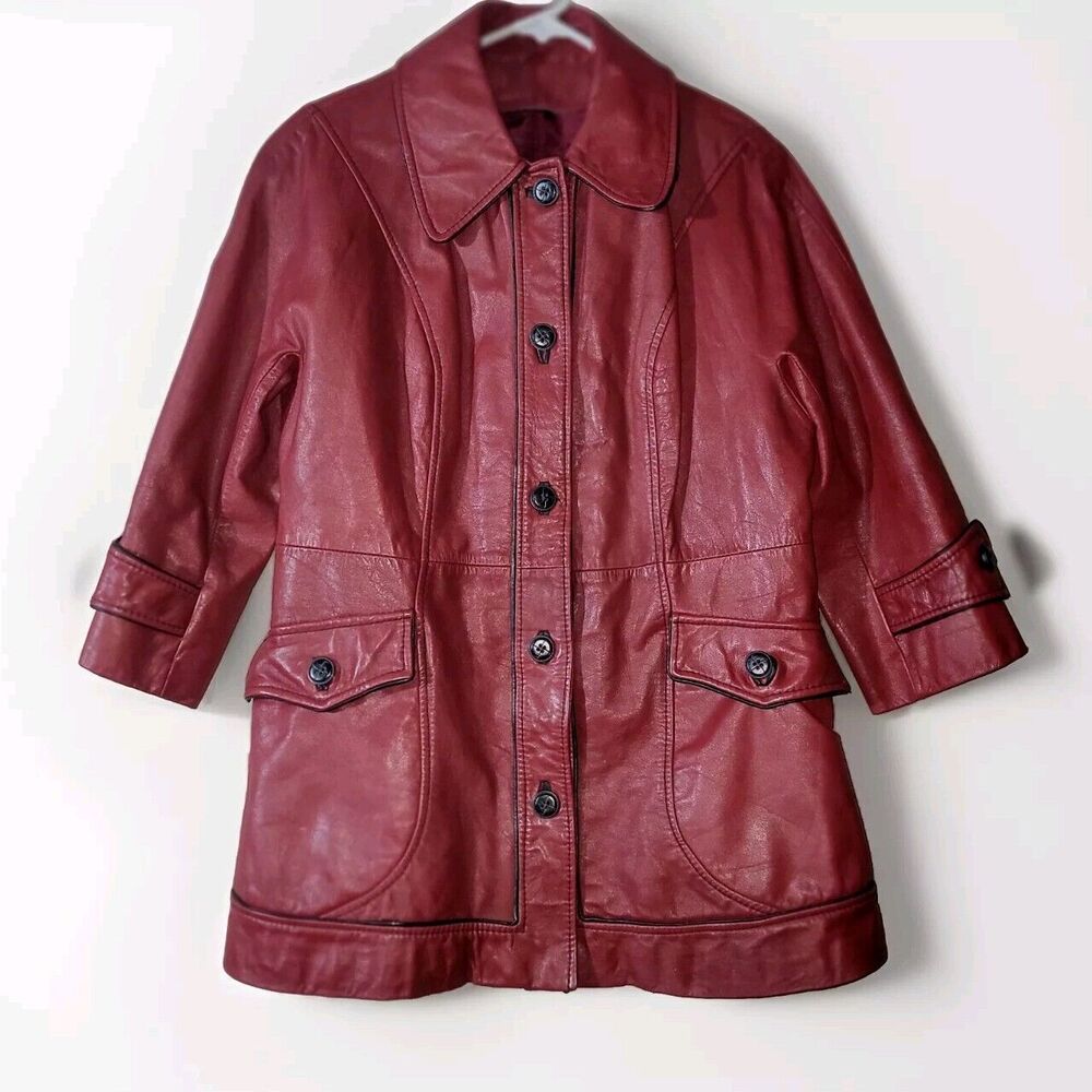 Oxblood Red Genuine Leather Jacket Long Women's Size M/L Button 3/4 Sleeve Chic